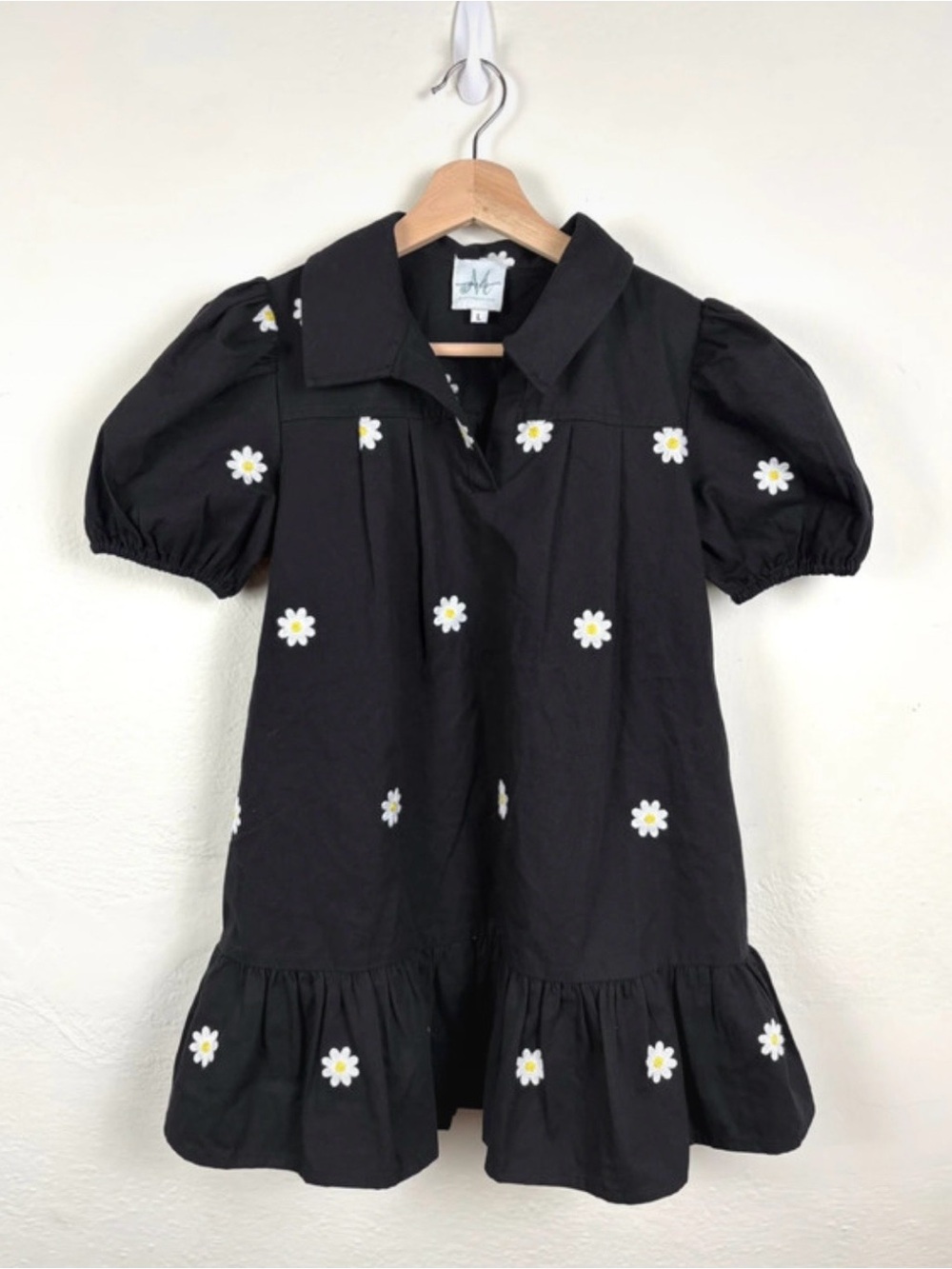 Shop the Mint Girls Size L Black Daisy Embroidered Puff Sleeve Drop Waist Dress